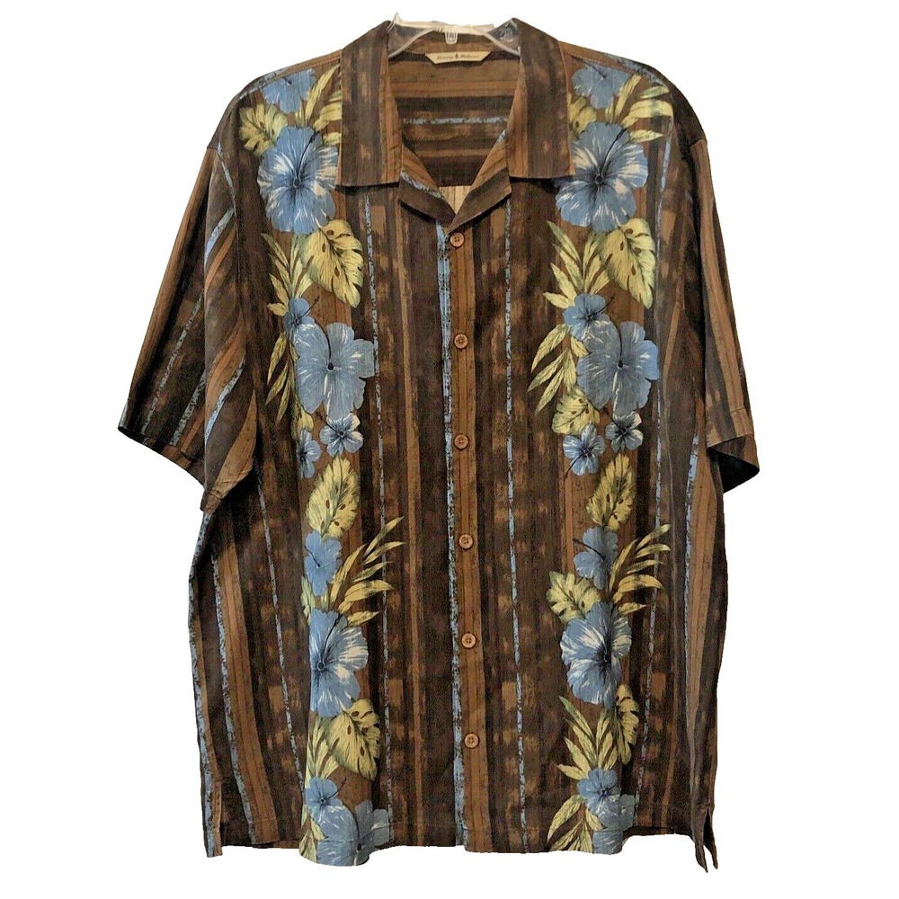 Tommy Bahama 100% Silk Hawaiian Shirt Men's Brown Tropical Floral Stripe XLarge